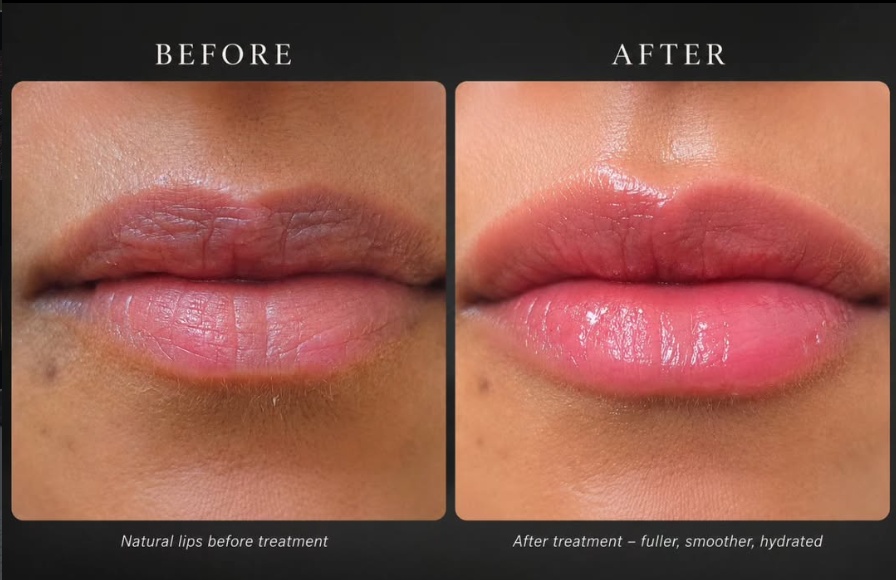 Before and after lip enhancement showing fuller, smoother, hydrated lips