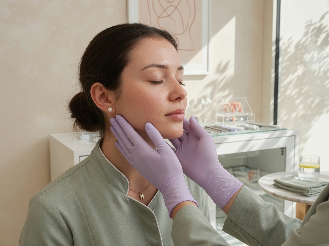 Clinician assessing a patient's jawline during a facial aesthetics consultation